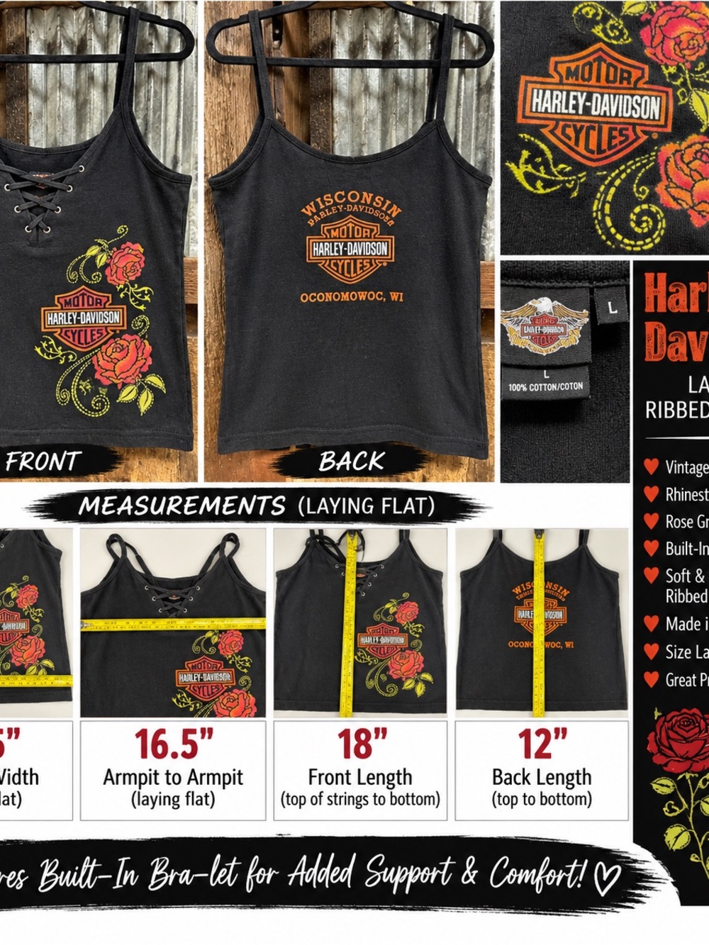 Harley-Davidson Black Lace-Up Tank with Orange Logo & Rose Print